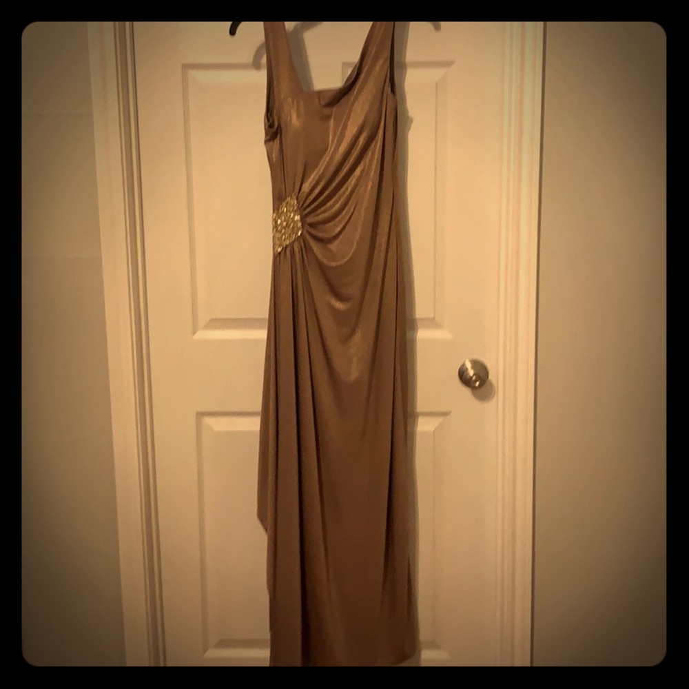 Cachet deep gold dress with beaded side broche